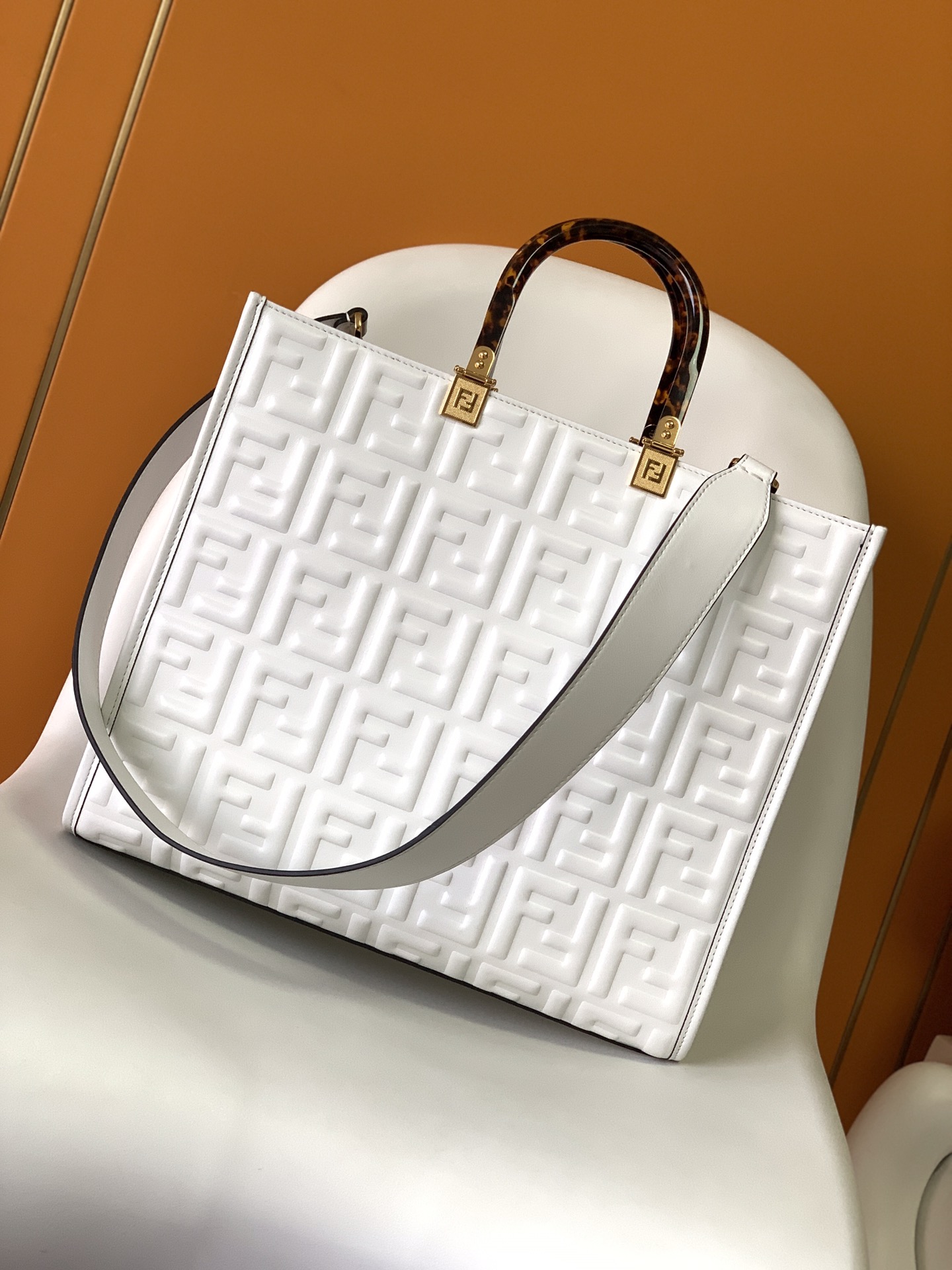 Fendi Medium Sunshine Shopper White Leather with Raised 3D-texture FF Motif 